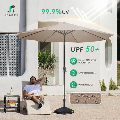 JEAREY 9FT Outdoor Patio Umbrella Outdoor Table Umbrella with Push Button Tilt and Crank, Market Umbrella 8 Sturdy Ribs UV Protection Waterproof for Garden, Deck, Backyard, Pool (Khaki)