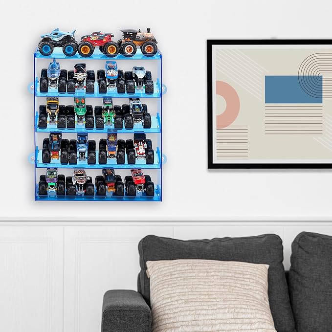 Assembly Monster Trucks Display Case - 5 Tier Acrylic Storage Case with Tilted Design, Organizer for 20 Toy Trucks (Blue)