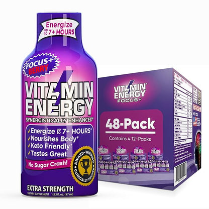 Vitamin Energy Focus+ Extra Strength Daily Energy Shot – Berry – 260mg Natural Caffeine, 100% DV B-Vitamins – Focus & Productivity Support – Zero Sugar, Vegan, Kosher – 1.93 fl oz, 48-Pack