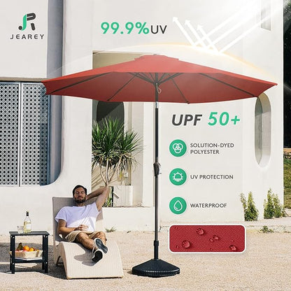 JEAREY 9FT Outdoor Patio Umbrella Outdoor Table Umbrella with Push Button Tilt and Crank, Market Umbrella 8 Sturdy Ribs UV Protection Waterproof for Garden, Deck, Backyard, Pool (Red)