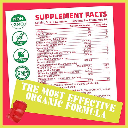 Glucosamine Chondroitin Gummies with MSM & Elderberry Extra Strength - Joint Support, Antioxidant Immune Support Supplement for Adults, Men & Women.(2 Pack) Strawberry