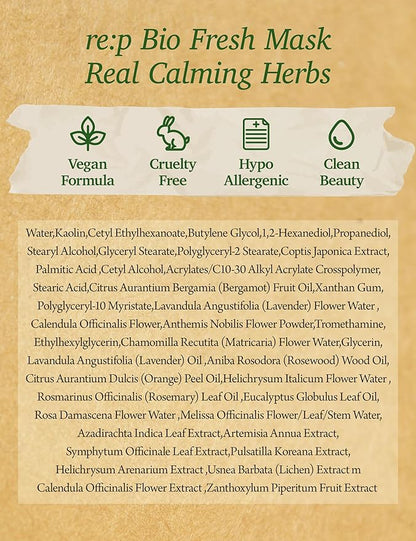RE:P BIO FRESH MASK with REAL calming HERBS 4.58 Fl Oz (130g) - 100% Vegan, Cruelty-free - Natural calming peel off mask with Real Calendula + Real Chamomile – Korean Skin Care