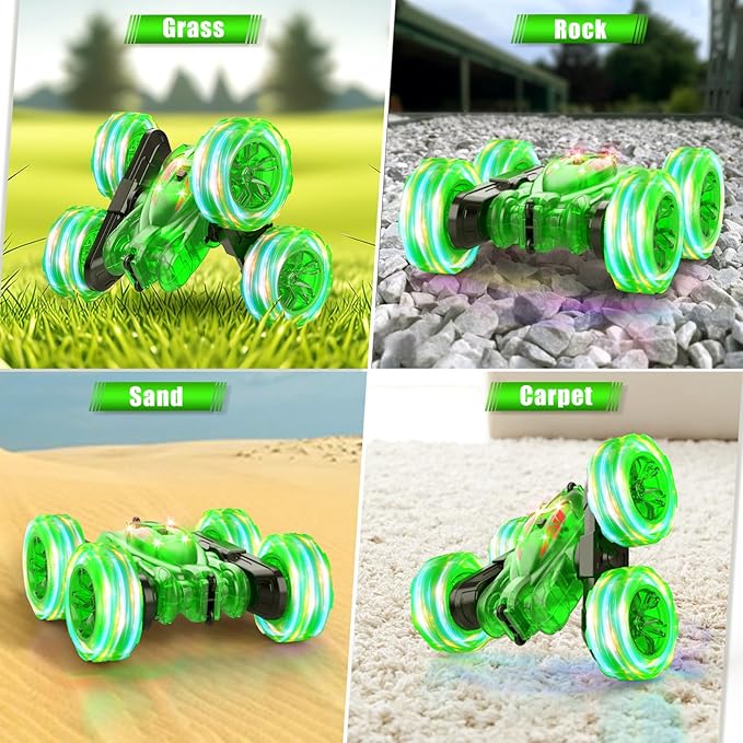Remote Control Car-Rechargeable Fast Direct Charging RC Cars For Kids with Colorful Light,Double-Sided 360° Rotating RC Stunt Car 4WD RC Truck Car Toys for Ages 5-7 Gift for Boys Girls Aged 8-12 Green