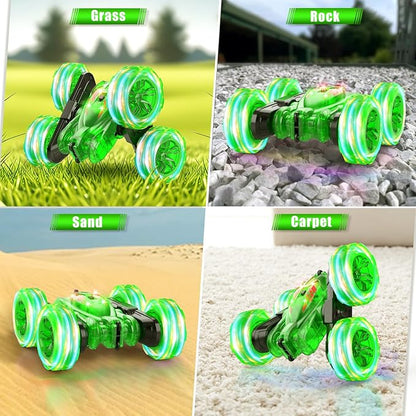 Remote Control Car-Rechargeable Fast Direct Charging RC Cars For Kids with Colorful Light,Double-Sided 360° Rotating RC Stunt Car 4WD RC Truck Car Toys for Ages 5-7 Gift for Boys Girls Aged 8-12 Green