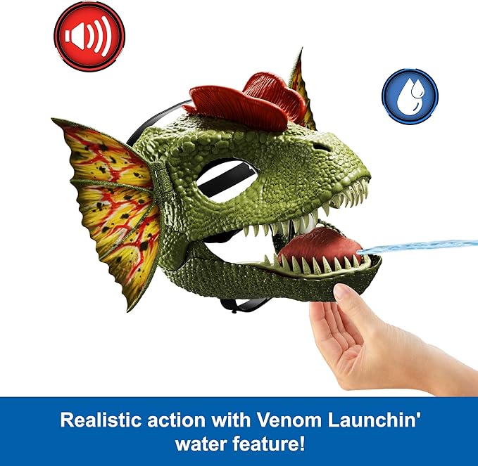 Mattel Jurassic World Role-Play Mask, Dilophosaurus with Venom Launching Water Feature, Sound & Adjustable Frill, Dinosaur Costume Headgear Toy