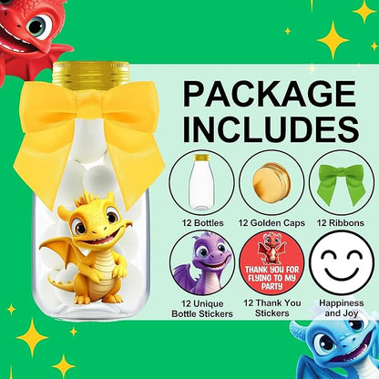 Small 12 Pack Baby Dragon Party Favors - Candy Jars with Ribbons and Stickers - DIY Party Decoration Bottle for Birthday, Baby Shower and School Classroom - Egg Container for Toddlers and Kids