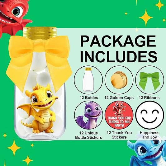 Small 12 Pack Baby Dragon Party Favors - Candy Jars with Ribbons and Stickers - DIY Party Decoration Bottle for Birthday, Baby Shower and School Classroom - Egg Container for Toddlers and Kids