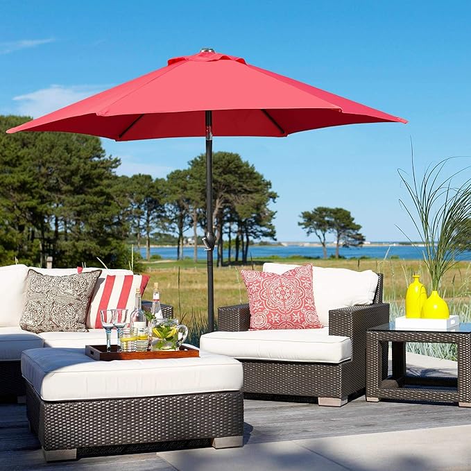 Yaheetech 7.5FT Patio Umbrella Outdoor Market Table Umbrella with 6 Sturdy Ribs, Push Button Tilt & Crank for Garden/Lawn/Deck/Backyard/Pool/Beach (Red)