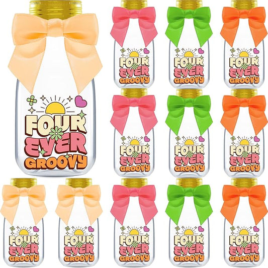 Small 12 Pack Four Ever Groovy Party Favors - DIY Candy Jars with Ribbons and Stickers - Funky Party Decoration Bottles for 4th Birthday Bash for Boy or Girl - Retro Hippie Table Centerpiece