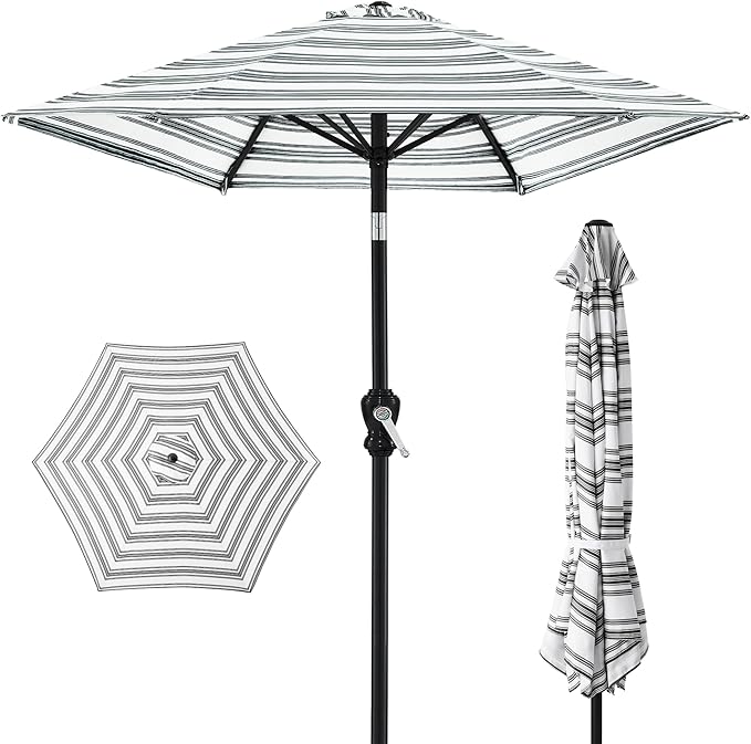 Best Choice Products 10ft Outdoor Steel Polyester Market Patio Umbrella w/Crank, Easy Push Button, Tilt, Table Compatible - Striped Black