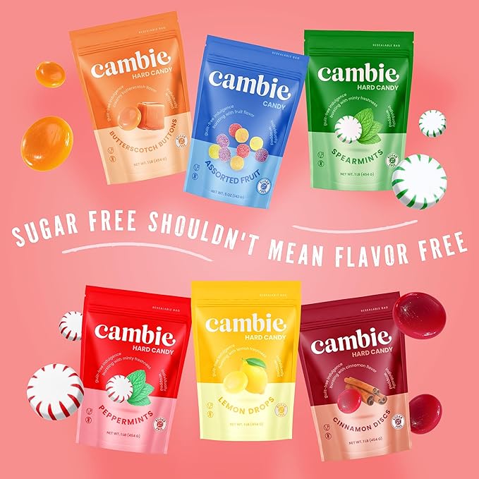 Cambie Sugar Free Cinnamon Hard Candy, 1 lb of Sugar Free Hard Candy, Individually Wrapped Cinnamon Discs, Fiery & Sweet Flavor packaged in a Resealable Pouch