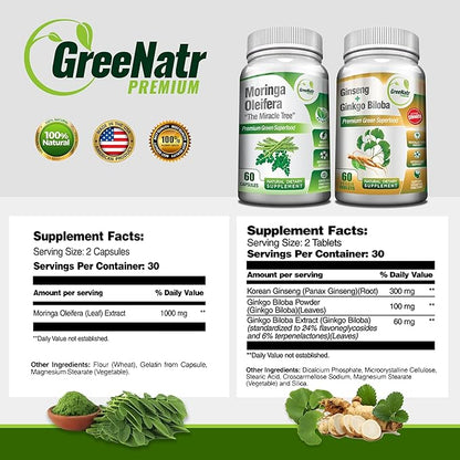 Ginkgo Biloba, Panax Ginseng Supplement and Moringa Capsules Bundle - Ginkgo Biloba Supplements for Immune Support and Energy Boost - Moringa Supplement for Concentration and Good Memory