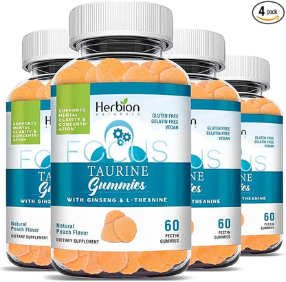 HERBION Naturals Taurine Gummies with Ginseng, L-Theanine, Vitamin C, B3, B6, & B12, Support Mental Clarity & Concentration*, Natural Peach Flavor, Gluten-Free, USA Made, 240 Count (Pack of 4)