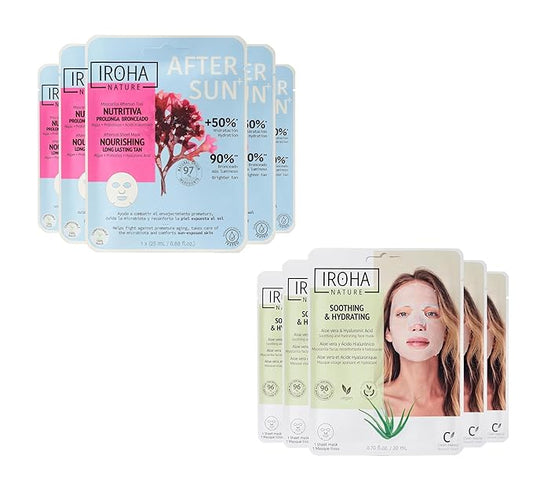 After Sun face Masks Prolongs Tan & Hydrates with Probiotics, Inositol (5 masks) + Aloe Vera Skin Care Masks with Hyaluronic Acid, Hydrating (5 masks) - Vegan, Korean Beauty (Total Bundle 10 pieces)