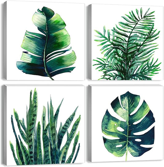 YOOOAHU Green Leaf Wall Art Room Decor Bathroom Bedroom Home Decoration Watercolor Painting Pictures Framed Canvas Prints Boho Tropical Plant Leaves Monstera Botanical White Set of 4 Pcs 20 × 20 Inch
