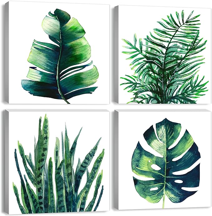 Tropical Plant Wall Art Boho Bathroom Decor Green Monstera Canvas Prints Bedroom Painting Botanical Posters for Kitchen Living Room Home Decorations Leaf Pictures Minimalist Artwork 16×16" 4Pcs/Set