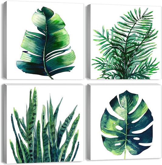 Tropical Plant Wall Art Boho Bathroom Decor Green Monstera Canvas Prints Bedroom Painting Botanical Posters for Kitchen Living Room Home Decorations Leaf Pictures Minimalist Artwork 16×16" 4Pcs/Set