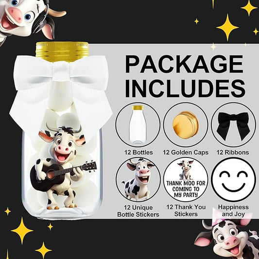 Small 12 Pack Cow Party Favors - DIY Candy Jars with Ribbons and Stickers - Party Decoration Bottles for Birthday, Baby Shower and School Classroom - Holy Cow Print Table Centerpiece for Kids