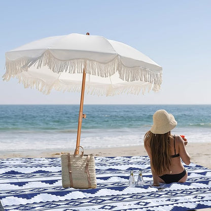 AMMSUN Boho Fringe Umbrella with Outdoor Blanket, 6.5ft UPF50+ Picnic Umbrella with Tassels with Steel Pole & Push Button Tilt, Antique White