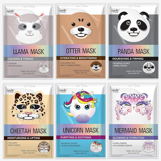 Epielle Animal Character Sheet Masks | Korean Spa Masks for All Skin Types | Face Mask, Spa Gifts, Birthday Party Gifts, Girls' Night, Skincare Party | Assorted 6 Pack | Korean Skincare