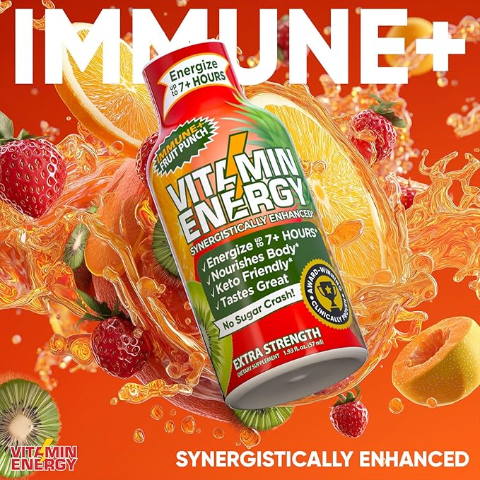 Vitamin Energy Immune+ Extra Strength Daily Energy Shot – Fruit Punch – 260mg Natural Caffeine, B-Vitamins, Green Tea, Citicoline – Immune & Focus Support – Zero Sugar, Vegan – 1.93 fl oz, 24-Pack