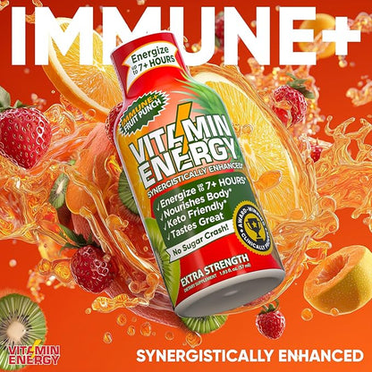 Vitamin Energy Immune+ Extra Strength Daily Energy Shot – Fruit Punch – 260mg Natural Caffeine, B-Vitamins, Green Tea, Citicoline – Immune & Focus Support – Zero Sugar, Vegan – 1.93 fl oz, 12-Pack