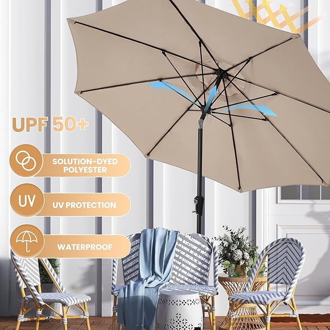 Ayge 9FT Large Outdoor Patio Umbrella Market Table Umbrella-UV Resistant, Easy Push Button Tilt and Crank, 8 Sturdy Fiberglass Ribs Heavy-Duty Pool Umbrella for Deck, Backyard,Garden