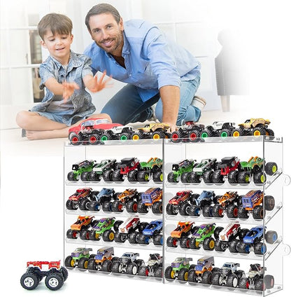 Assembly Monster Trucks Display Case Holding for 20 Monster Trucks Acrylic Storage Case 5 Tiers Monster Trucks Organizer with Tilted Design, Display Case for Toy Trucks (2-Pack Transparent)