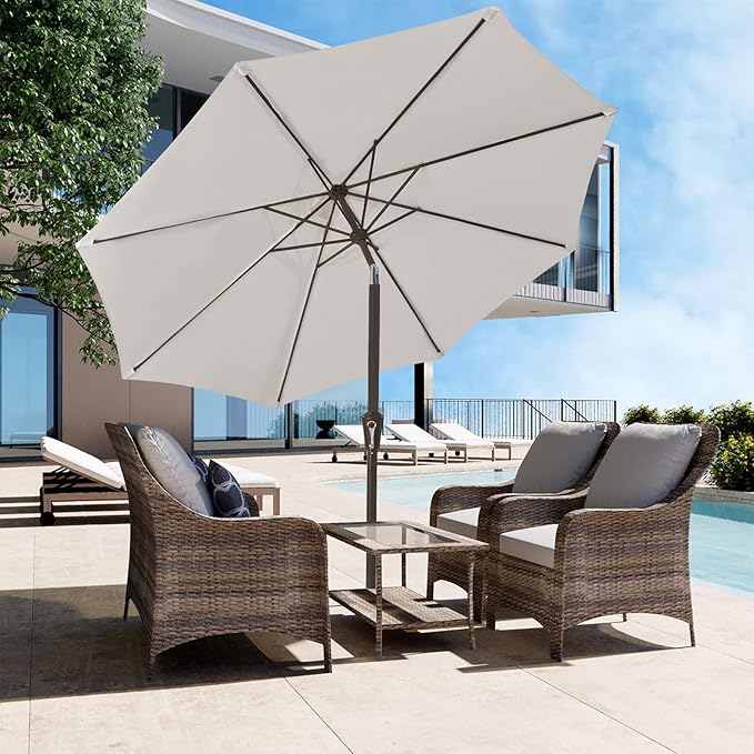 JEAREY 9FT Outdoor Patio Umbrella Outdoor Table Umbrella with Push Button Tilt and Crank, Market Umbrella 8 Sturdy Ribs UV Protection Waterproof for Garden, Deck, Backyard, Pool (Fog Gray)