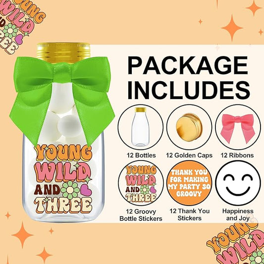 Small 12 Pack Young Wild and Three Party Favors - DIY Candy Jars with Ribbons and Stickers - Funky Groovy Party Decoration Bottles for 3rd Birthday for Boy or Girl - Retro Table Centerpieces