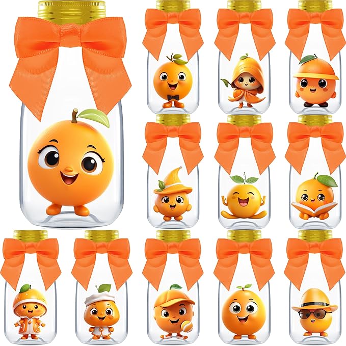 Small 12 Pack Little Cutie Baby Shower Party Favors - Candy Jars with Ribbons and Stickers - DIY Party Decoration Bottles for Little Cutie is on the Way Gender Reveal - Orange Table Centerpiece