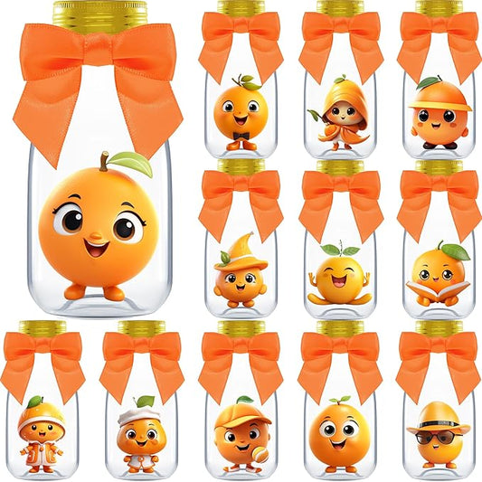 Small 12 Pack Little Cutie Baby Shower Party Favors - Candy Jars with Ribbons and Stickers - DIY Party Decoration Bottles for Little Cutie is on the Way Gender Reveal - Orange Table Centerpiece