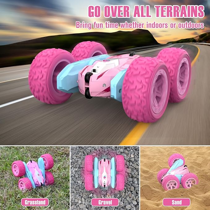 Remote Control Car, Pink RC Cars for Girls, Rechargeable RC Truck, 2.4Ghz Double Sided 360° Rotating Stunt Car Toy with Headlights, Birthday Gift for Kids Age 3+
