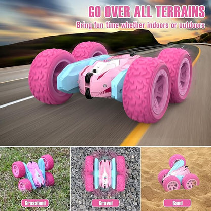 Remote Control Car, Pink RC Cars for Girls, Rechargeable RC Truck, 2.4Ghz Double Sided 360° Rotating Stunt Car Toy with Headlights, Birthday Gift for Kids Age 3+
