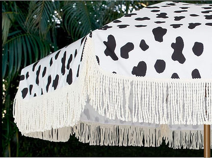 AMMSUN 7ft Patio Umbrella with Fringe Outdoor Tassel Umbrella UPF50+ Premium Steel Pole and Ribs Push Button Tilt, Cow Polka Dots