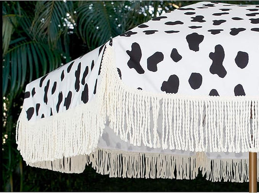 AMMSUN 7ft Patio Umbrella with Fringe Outdoor Tassel Umbrella UPF50+ Premium Steel Pole and Ribs Push Button Tilt, Cow Polka Dots