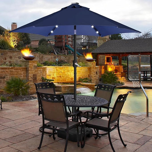 Yaheetech 7.5FT Solar Powered Patio Umbrella - UV Protection Market Table Umbrella w/18 LED Lights & Push Button Tilt & Crank Lift System for Garden/Lawn/Deck/Backyard/Pool, Navy Blue