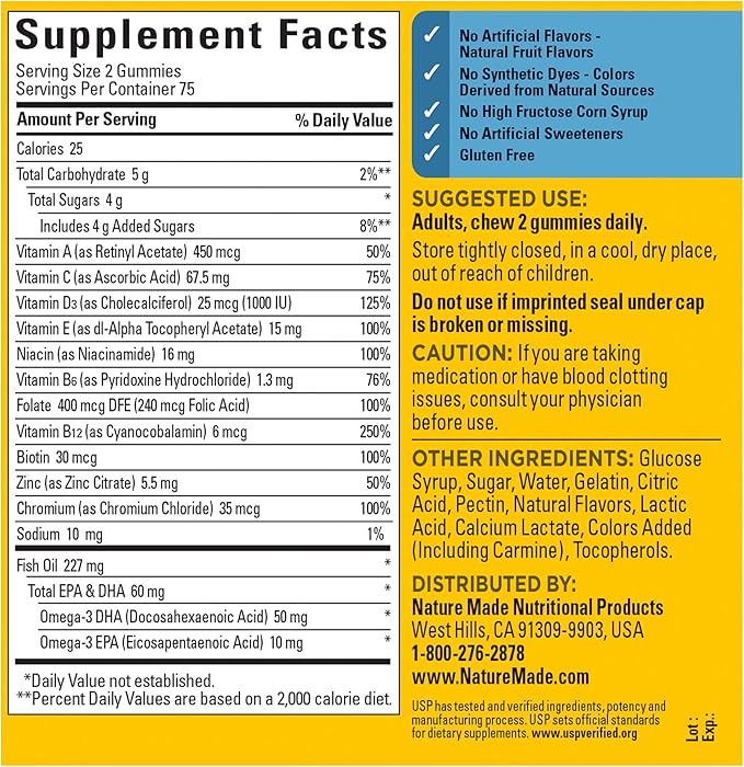 Nature Made Multivitamin for Him with Omega-3, Mens Multivitamins for Daily Nutritional Support, Multivitamin for Men, 150 Gummy Vitamins and Minerals, 75 Day Supply
