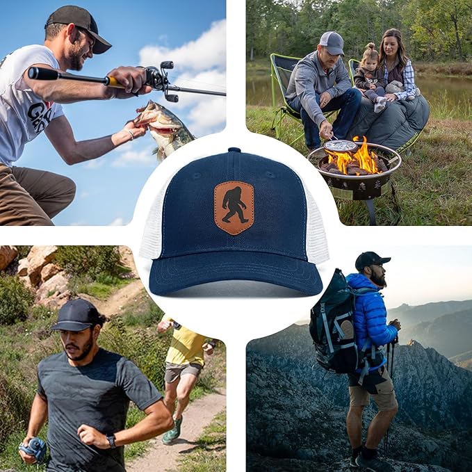 Mesh Bigfoot Hat Leather Cap for Men- Great Snapback Closure Sasquatch Hat for Hunting & Hiking