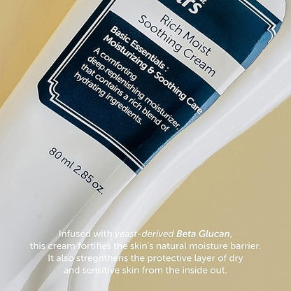 DearKlairs Rich Moist Soothing Cream 80ml, Repair Skin Barrier, Sensitive Skin, Hypoallergenic, Centella Asiatica, Ceramide, Moisturizer, Full Hydration, Non-sticky texture, Korean Moisturizer