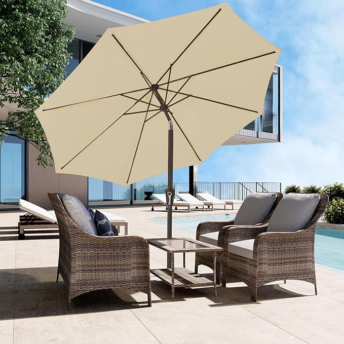JEAREY 9FT Outdoor Patio Umbrella Outdoor Table Umbrella with Push Button Tilt and Crank, Market Umbrella 8 Sturdy Ribs UV Protection Waterproof for Garden, Deck, Backyard, Pool (Ochre)