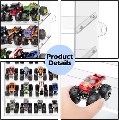 Assembly Monster Trucks Display Case Holding for 20 Monster Trucks Acrylic Storage Case 5 Tiers Monster Trucks Organizer with Tilted Design, Display Case for Toy Trucks (2-Pack Transparent)