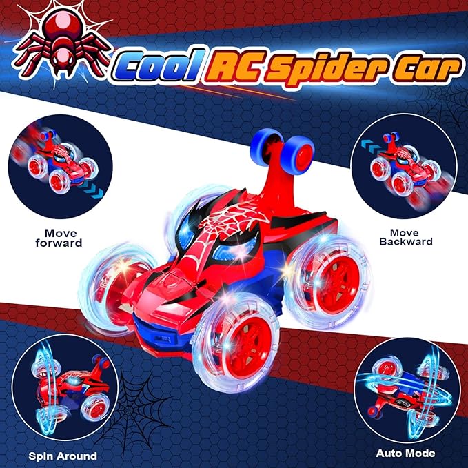 Kids Toys Spider RC Car for Boys 4-7 - Cool Spider Monster Remote Control Crawler Toy 360° Flip Fast Stunt & 4WD Light Up Wheel - Fun Boy Gift Idea for Birthday Chirstmas Stuff Age 3 4 5 6 7 8