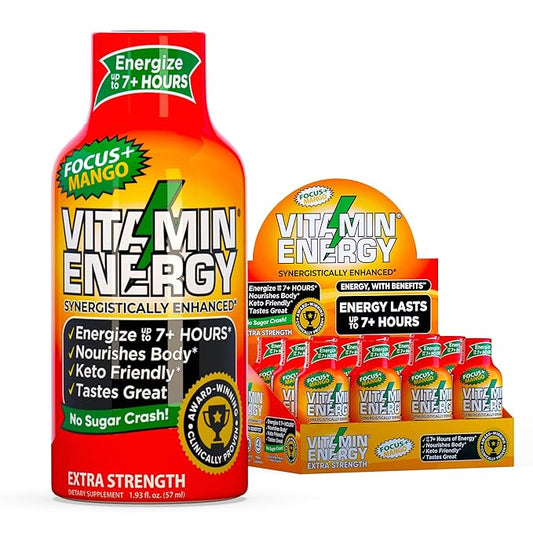 Vitamin Energy Focus+ Extra Strength Daily Energy Shot – Mango – 260mg Natural Caffeine, 100% DV B-Vitamins – Focus & Productivity Support – Zero Sugar, Vegan, Kosher – 1.93 fl oz, 12-Pack