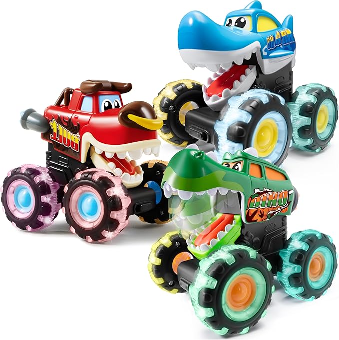 JOYIN 3 Pack Monster Truck Toy - Motion Activated Light-Up Cars for Toddlers - Monster Treads Lightning Wheels - Baby Toy Present - Press & Go Cars for Boys Girls Birthday Gifts