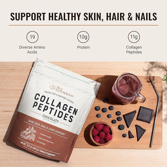 Live Conscious Collagen Peptides Powder - Chocolate Collagen Powder - Hair, Skin, Nail, and Joint Support - Type I & III Grass-Fed Collagen Supplements for Women and Men - 30 Servings - 15oz