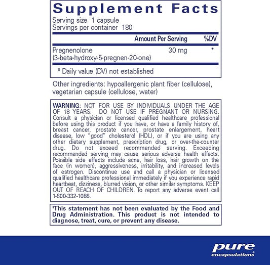 Pure Encapsulations Pregnenolone - 30 mg - Hormone Support - Memory Support & Brain Supplement - Gluten Free & Vegan - 180 Capsules