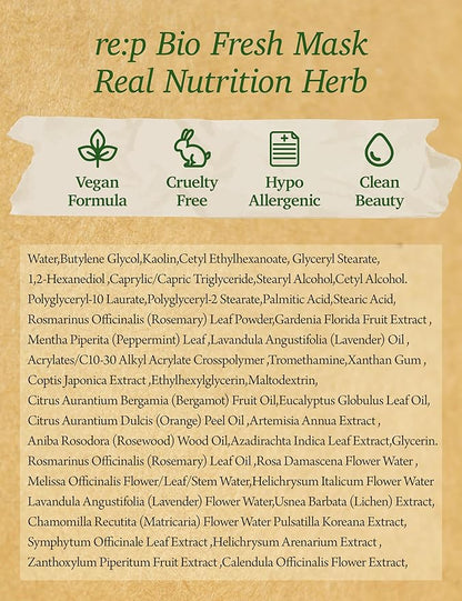 RE:P BIO FRESH MASK with REAL Nutrition HERBS 4.58 Fl Oz (130g) - 100% Vegan, Cruelty-free - Natural nourishing peel off mask with Real Peppermint + Real Rosemary – Korean Skin Care