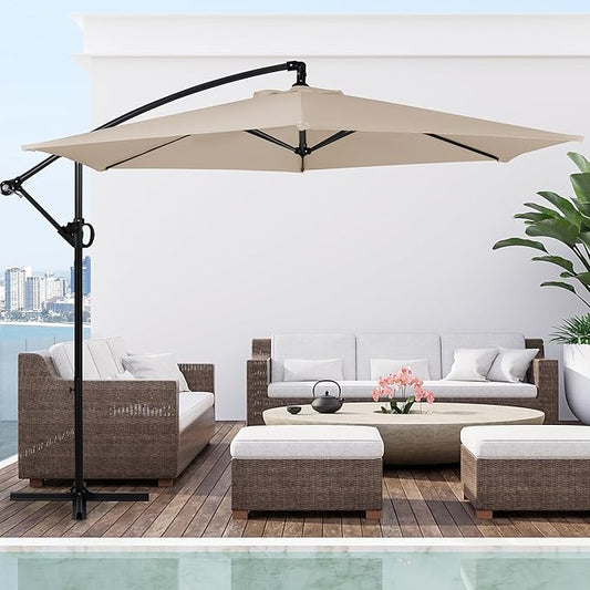 Shintenchi Patio Offset Umbrella with Easy Tilt Adjustment, Crank and Cross Base, Outdoor Cantilever Hanging Umbrella, Sunshade Canopy, Khaki