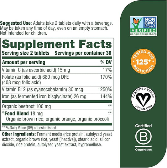 MegaFood Blood Builder Minis, Iron Supplement Clinically Shown to Increase Iron Levels Without Side Effects - Vegan Supplement with Vitamin C, Vitamin B12 & Folic Acid, 60 Tablets (30 Servings)